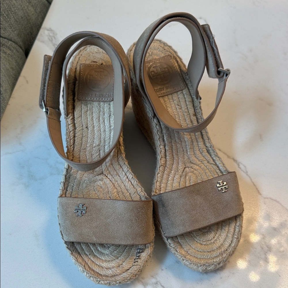 Tory Burch Taupe Suede Espadrille Wedge Sandals with Logo